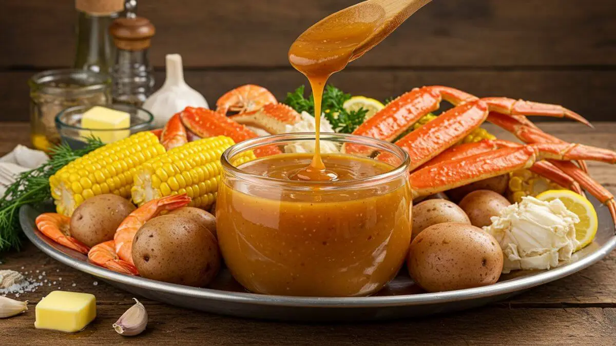 Crab boil sauce in a rustic kitchen setting, surrounded by fresh crab legs, shrimp, corn, and potatoes with ingredients like garlic, butter, and lemon slices.