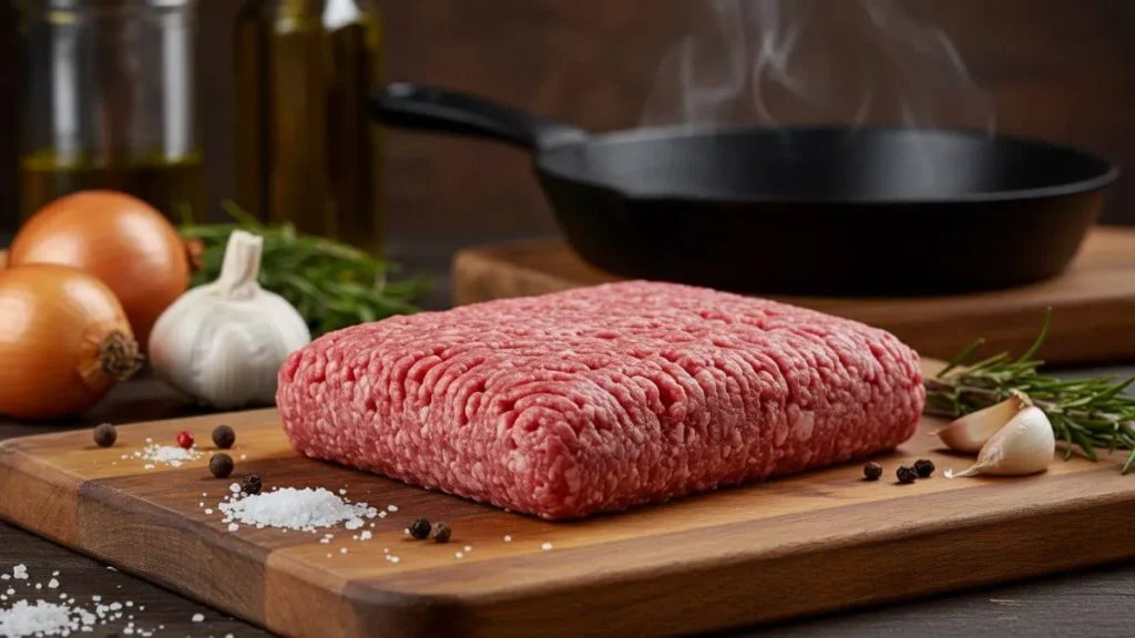 Close-up of Wagyu ground beef with visible marbling, surrounded by fresh ingredients like garlic, onions, and herbs.