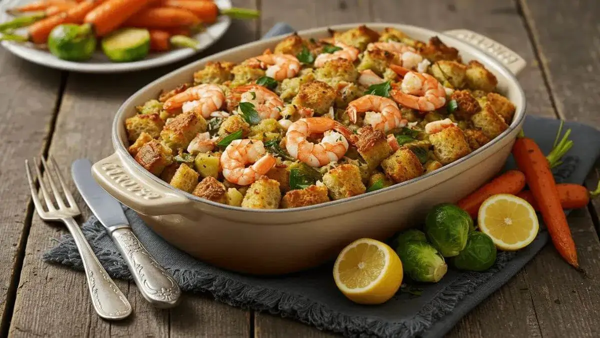 Seafood stuffing recipe with shrimp, crab, and herbs on a rustic wooden table, garnished with roasted vegetables.