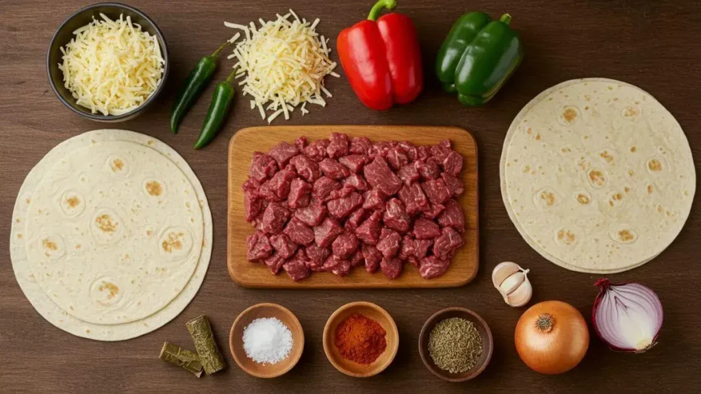 create alt text, title, Caption and description for an image about :
Ingredients for the Best Beef QuesadillaFresh ingredients for the best beef quesadilla, including beef, shredded cheese, tortillas, bell peppers, onions, and spices, arranged on a rustic wooden surface.