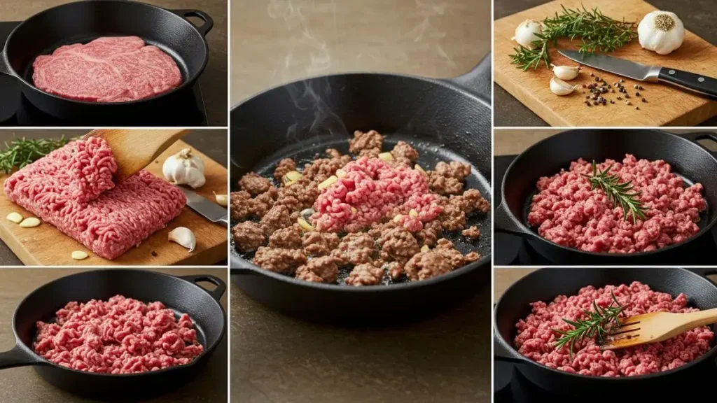 Step-by-step cooking process of Wagyu ground beef in a skillet, with garlic, onions, and fresh herbs.