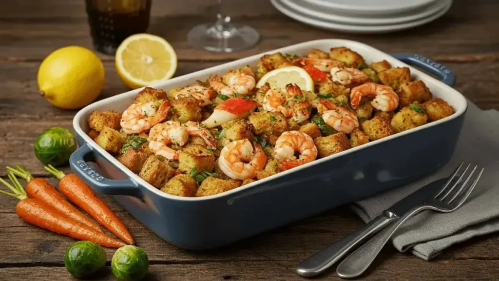 A rustic ceramic dish filled with golden, crispy seafood stuffing, featuring shrimp, crab, scallops, and fresh herbs, surrounded by a cozy kitchen setting.