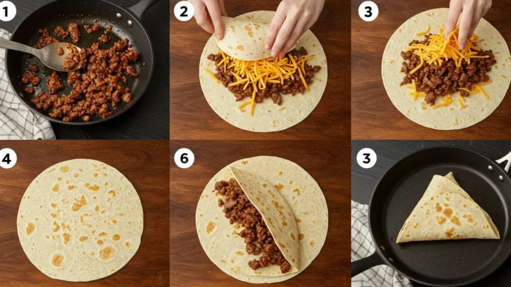 A step-by-step guide illustrating how to make a beef quesadilla, showing sautéing beef, assembling the quesadilla, and cooking it to a golden crisp.