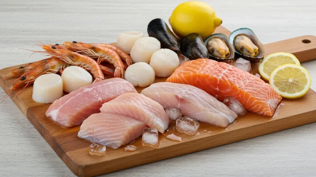 A variety of fresh seafood including shrimp, scallops, mussels, and fish fillets on a wooden cutting board with lemon slices and herbs.