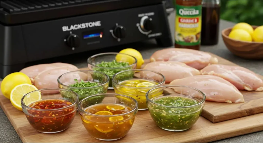 Bowls of vibrant, flavorful marinades like lemon herb, garlic olive oil, and honey mustard, with chicken breasts ready to be marinated for griddle cooking.