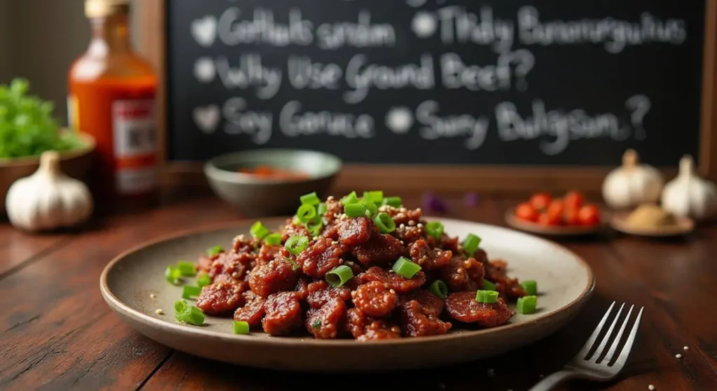 A plate of ground beef bulgogi with garnishes, surrounded by ingredients like gochujang, garlic, and soy sauce, with text explaining bulgogi and ground beef.