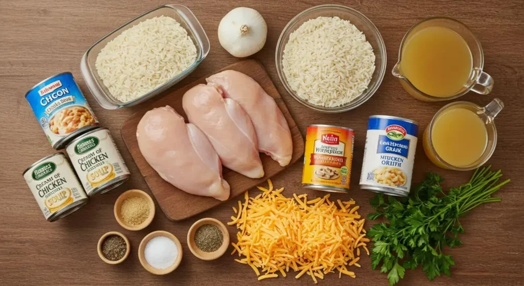 Ingredients for Forgotten Chicken Recipe: boneless skinless chicken breasts, uncooked long-grain white rice, cans of cream of chicken and mushroom soups, chicken broth, garlic powder, onion powder, salt, pepper, shredded cheese, and fresh herbs.