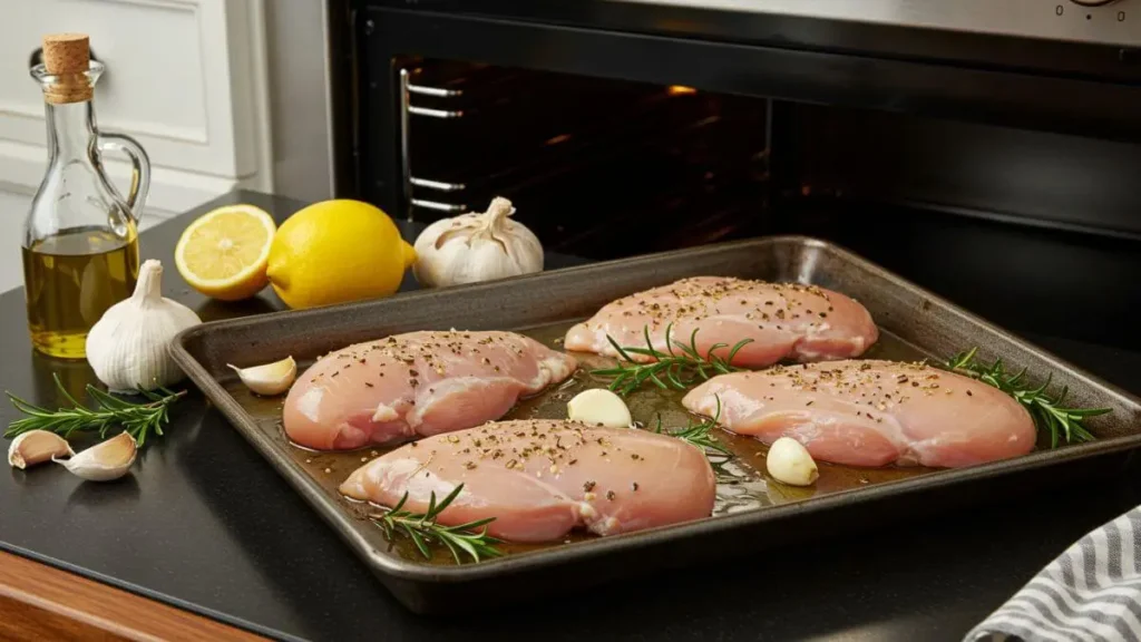 Thin chicken breasts on a baking sheet, seasoned with herbs and olive oil, surrounded by fresh ingredients like garlic and rosemary.