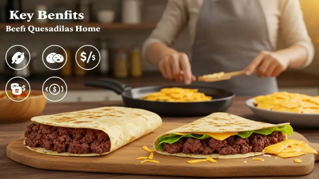 An illustration highlighting the benefits of making beef quesadillas at home, featuring fresh ingredients, cost savings, and customization options.