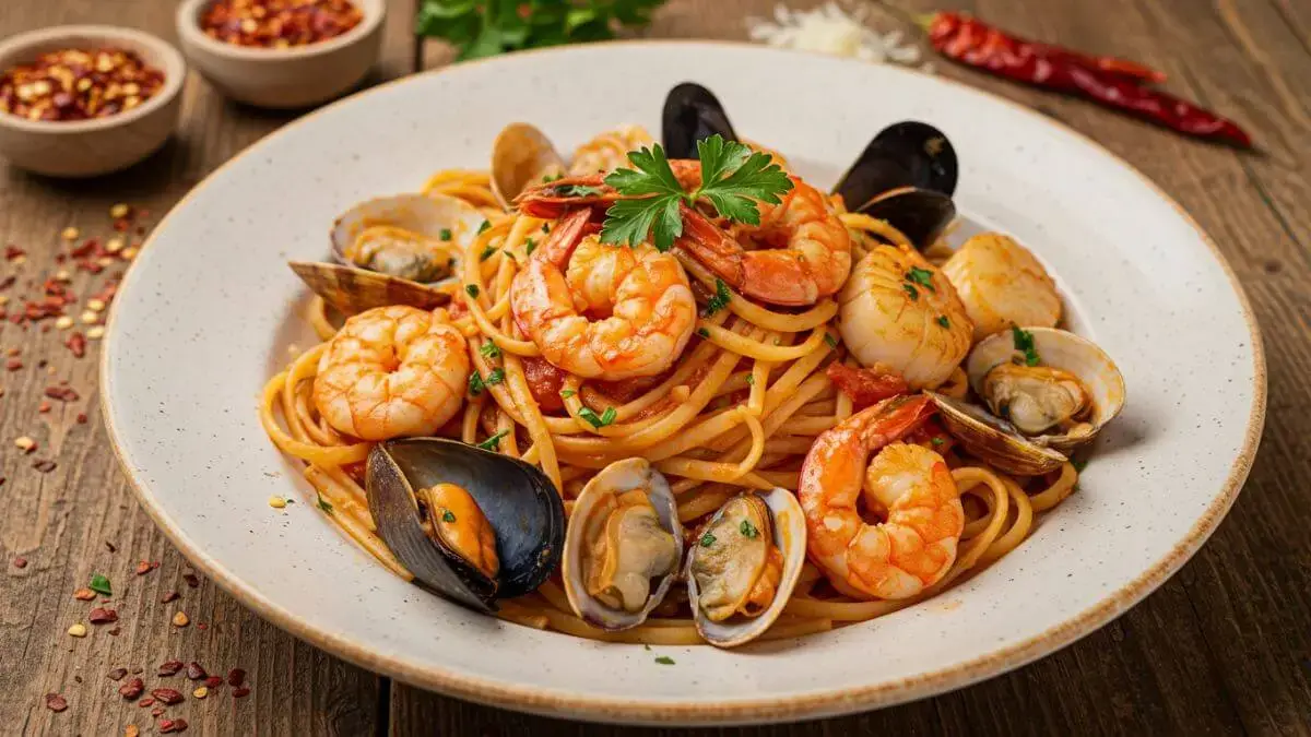 A plate of seafood pasta diavolo featuring linguine in a spicy tomato sauce, garnished with shrimp, scallops, mussels, and fresh parsley.