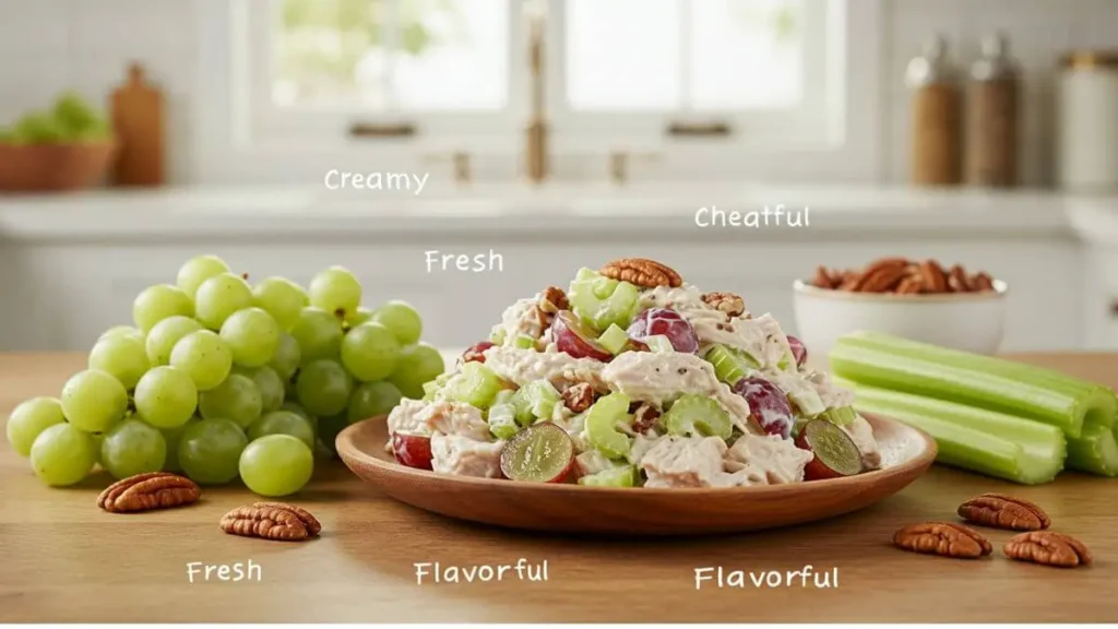 A creamy chicken salad with tender chicken, juicy grapes, crisp celery, and crunchy pecans, garnished with parsley on a wooden plate.