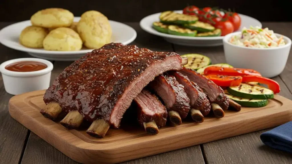 Juicy country style beef ribs recipe glazed with barbecue sauce served with mashed potatoes, grilled vegetables, and coleslaw on a rustic wooden platter.