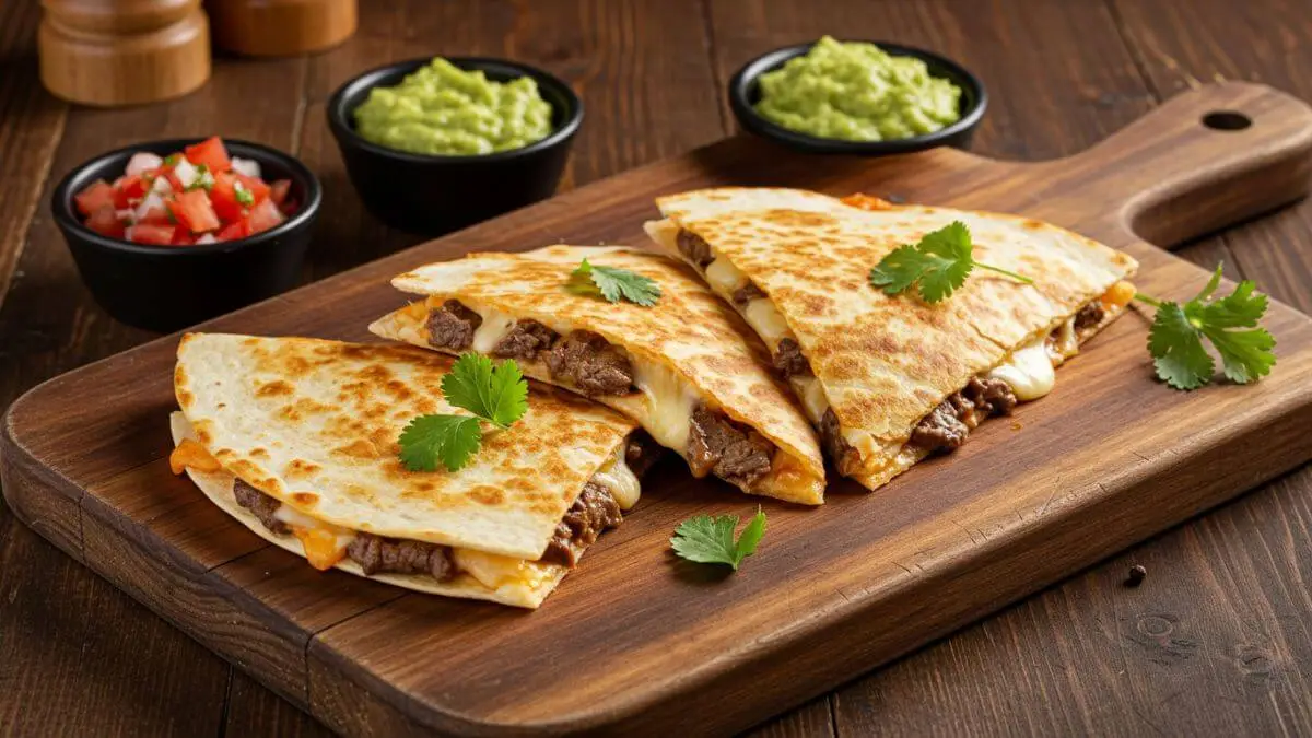 A freshly made beef quesadilla, golden and crispy, sliced into triangles with melted cheese oozing out, served with salsa and guacamole.