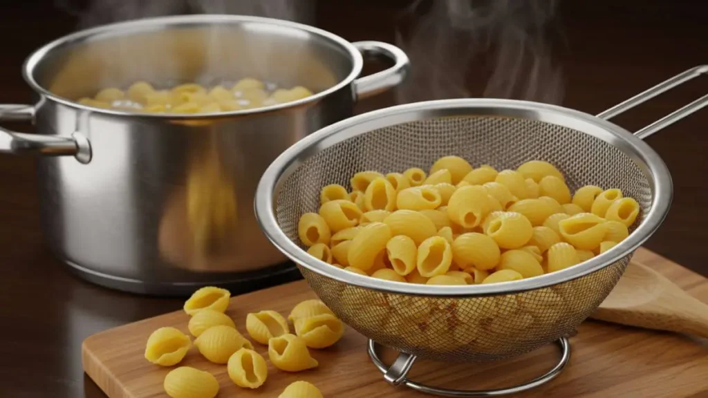 Steaming al dente pasta, including macaroni, penne, and shells, drained in a colander with a pot of boiling water in the background.