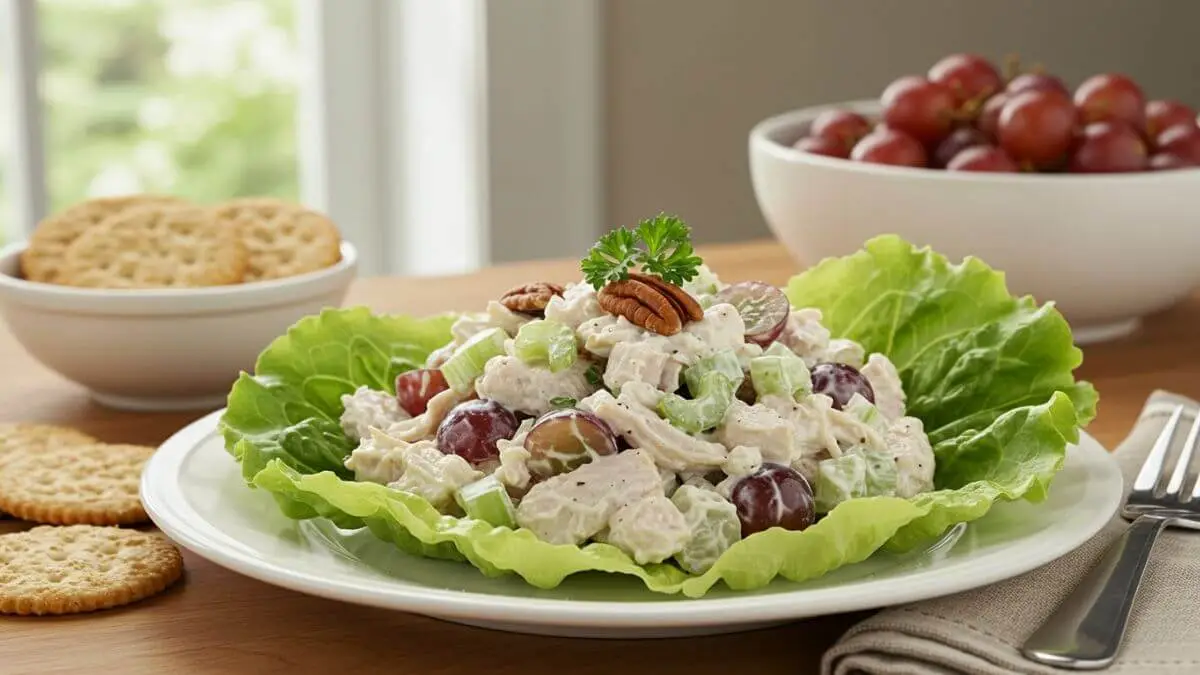 A vibrant plate of chicken salad made with shredded chicken, creamy dressing, sliced grapes, celery, and pecans, served on fresh lettuce.