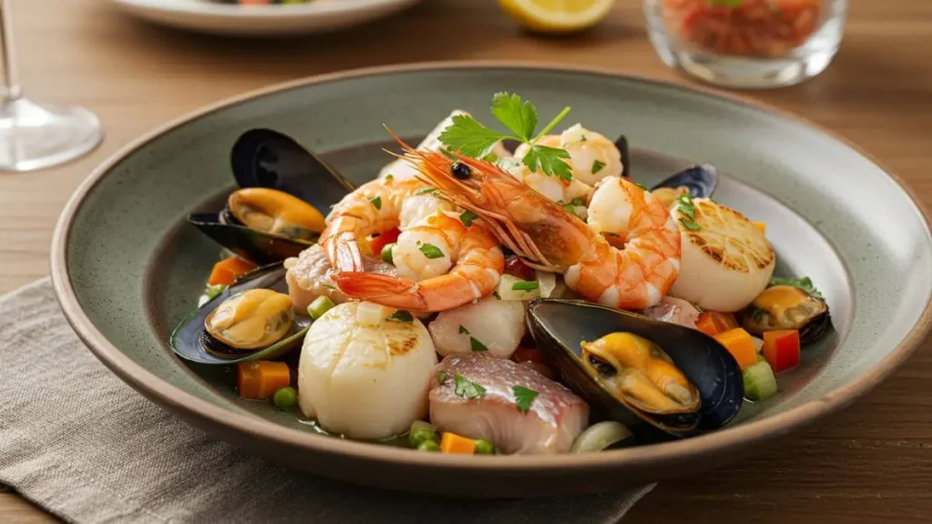 A vibrant seafood mixture recipes featuring shrimp, scallops, mussels, and fish, garnished with fresh herbs and lemon slices, served on a rustic plate.