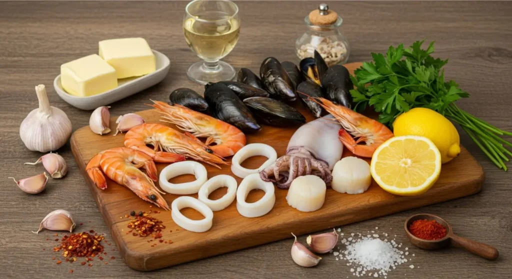 Fresh ingredients for a seafood mix recipe, including shrimp, mussels, squid, scallops, garlic, butter, parsley, lemons, and spices on a wooden board.