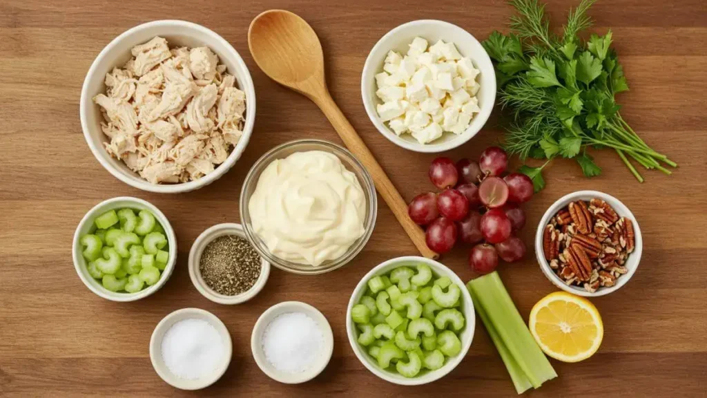 A rustic display of essential ingredients for Chicken Salad Chick recipe, including shredded chicken, mayonnaise, grapes, celery, pecans, and seasonings.