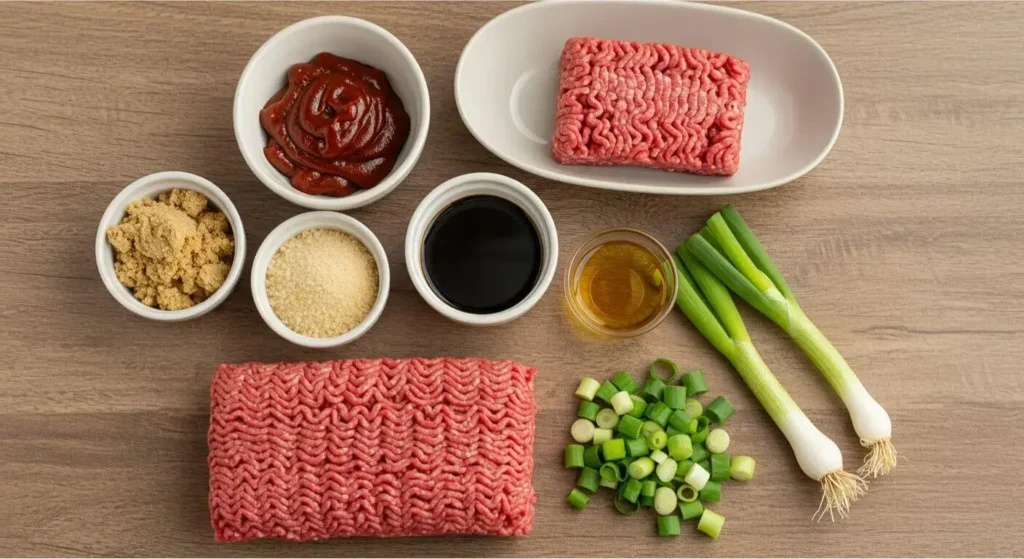 A step-by-step visual guide to making ground beef bulgogi. The image shows multiple stages of the cooking process: marinating the ground beef in a bowl with gochujang, soy sauce, garlic, and brown sugar; sautéing the beef in a pan with a golden brown color; and garnishing the cooked bulgogi with green onions and sesame seeds. Each step is represented clearly with labeled arrows or captions, laid out in a clean, visually organized way. The background features a warm, cozy kitchen setting, with soft lighting that highlights the savory ingredients and process.