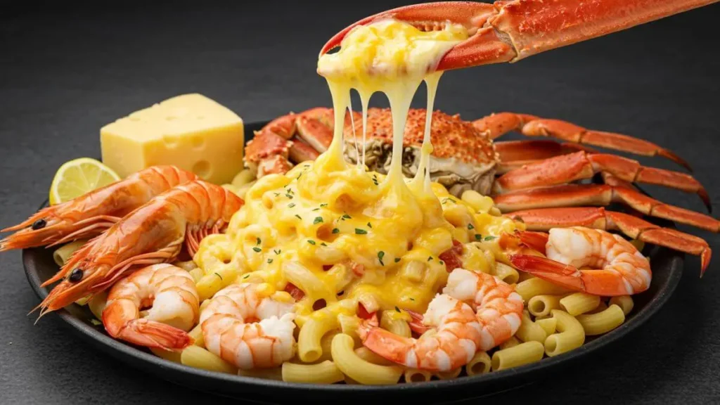 A close-up of creamy seafood macaroni and cheese topped with golden-brown breadcrumbs, featuring shrimp, lobster, and crab.