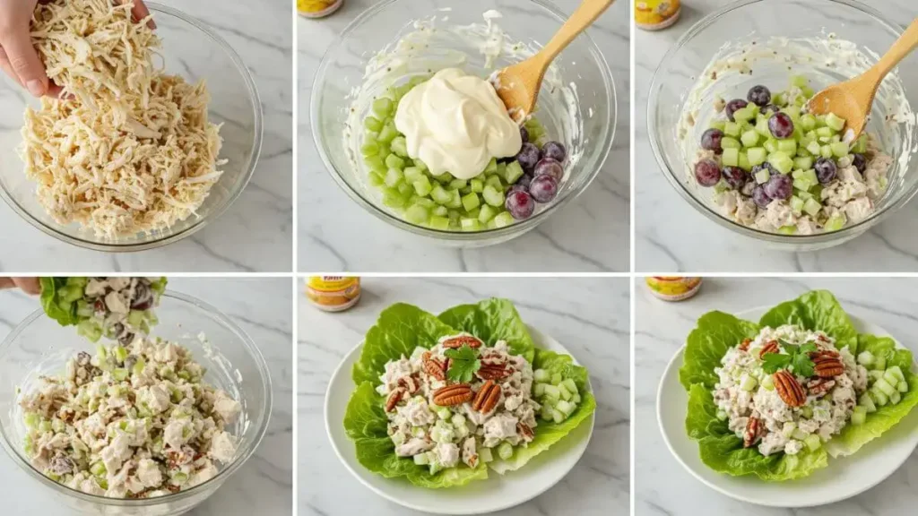 A step-by-step guide showing the process of making Chicken Salad Chick at home, from mixing ingredients to plating the finished salad.