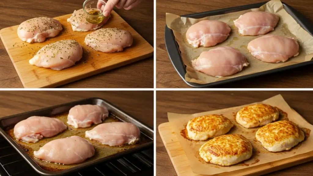 Step-by-step process of baking thin chicken breasts in the oven, from seasoning to the final golden-brown result.