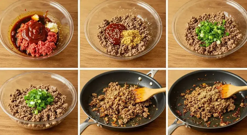 A step-by-step guide to making ground beef bulgogi, showing the marination, cooking, and garnishing process.