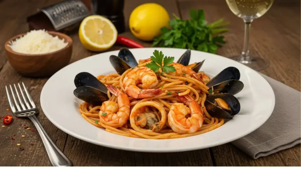 A vibrant plate of seafood pasta diavolo with linguine in a spicy tomato sauce, topped with shrimp, mussels, scallops, and garnished with parsley.