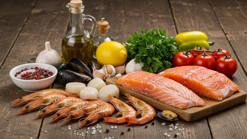 Fresh seafood, garlic, olive oil, lemon, herbs, and colorful vegetables arranged on a wooden countertop for a seafood mix.