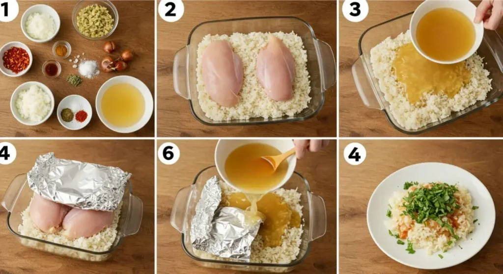 Step-by-step instructions for making Forgotten Chicken: preparing ingredients, layering rice and chicken, mixing soup, pouring over chicken, baking, and serving.