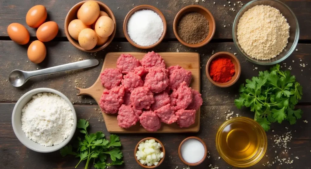 A flat lay of ingredients for beef cutlets, including ground beef, breadcrumbs, eggs, garlic, onion, parsley, paprika, flour, and spices on a wooden table.