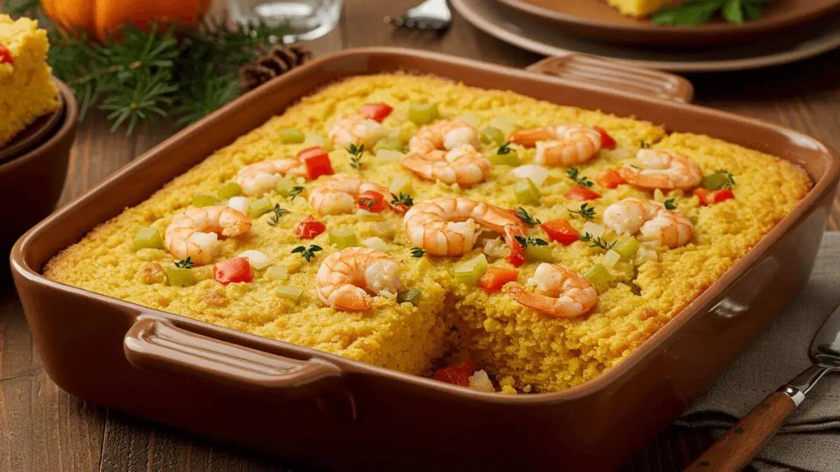 A savory dish of seafood cornbread dressing, featuring golden-brown baked cornbread mixed with shrimp, crab meat, celery, onions, and spices, served in a rustic casserole dish.