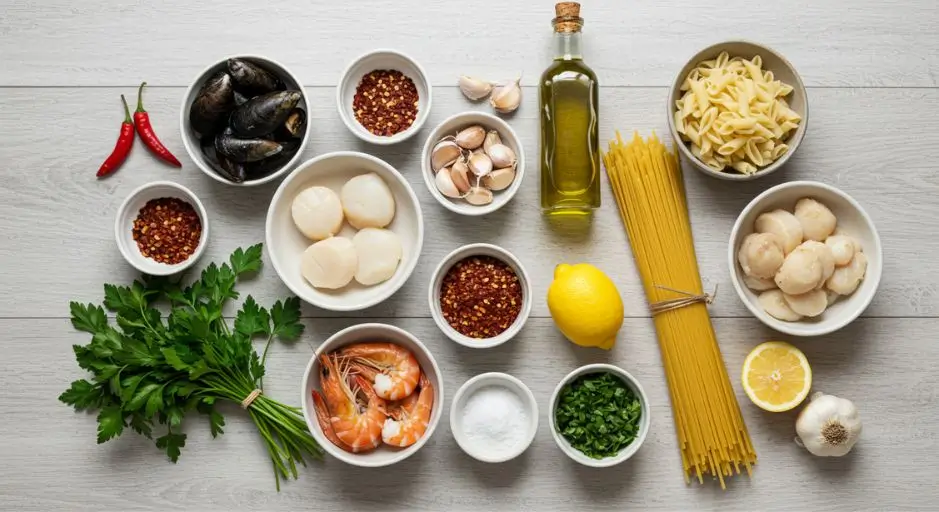 Fresh ingredients for Rao’s seafood pasta recipe, including shrimp, mussels, scallops, garlic, chili flakes, olive oil, parsley, and spaghetti.