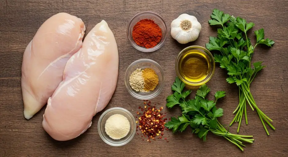 A collection of fresh ingredients for Galena Chicken, including chicken breasts, garlic, spices, and herbs on a rustic wooden surface.