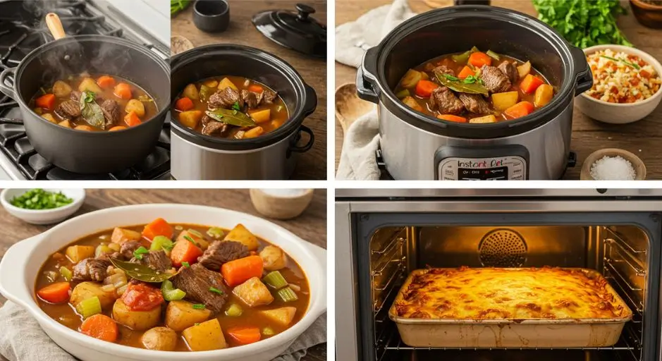 A visually divided image showcasing four methods to cook Hawaiian beef stew recipe: stovetop, slow cooker, Instant Pot, and oven, each featuring vibrant stew ingredients like beef, carrots, potatoes, and celery in a rich tomato-based broth, with tropical decor accents.