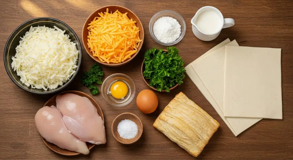 A selection of fresh ingredients laid out for a chicken and cheese jalousie recipe, including shredded cheese, chicken, puff pastry, and herbs