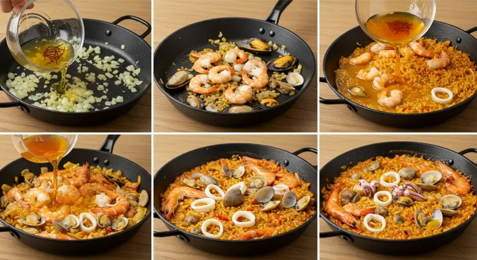 A step-by-step guide showing the process of making seafood mix paella, from sautéing ingredients to adding seafood and saffron-infused broth.