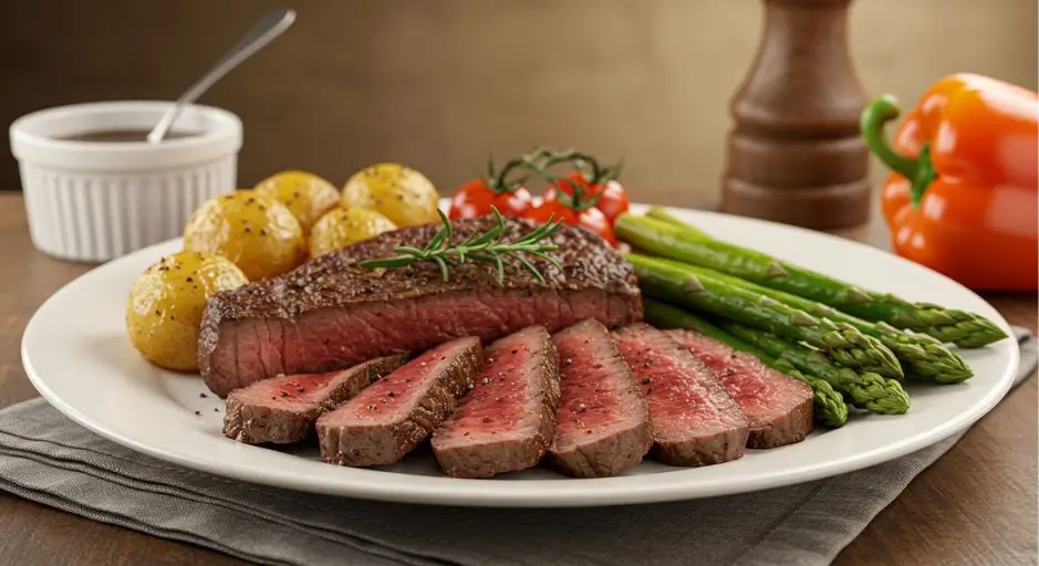 A perfectly seared top round steak, sliced into thin, tender pieces, served with roasted vegetables and garnished with fresh herbs. A nutritious, high-protein meal presented on a rustic wooden plate.