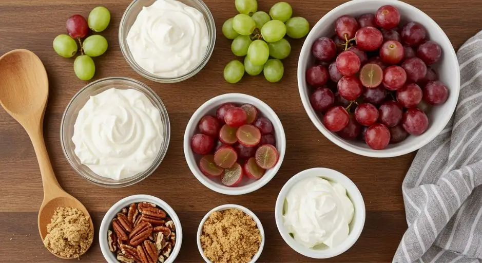 A flat lay of key ingredients for chicken salad chick grape salad recipe  inspired grape salad, including fresh red and green grapes, cream cheese dressing, chopped pecans, sour cream, and brown sugar on a rustic wooden surface.