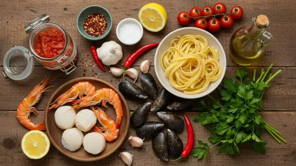 A flat-lay of ingredients for seafood pasta diavolo, including shrimp, scallops, mussels, linguine, crushed tomatoes, garlic, parsley, and chili flakes.
