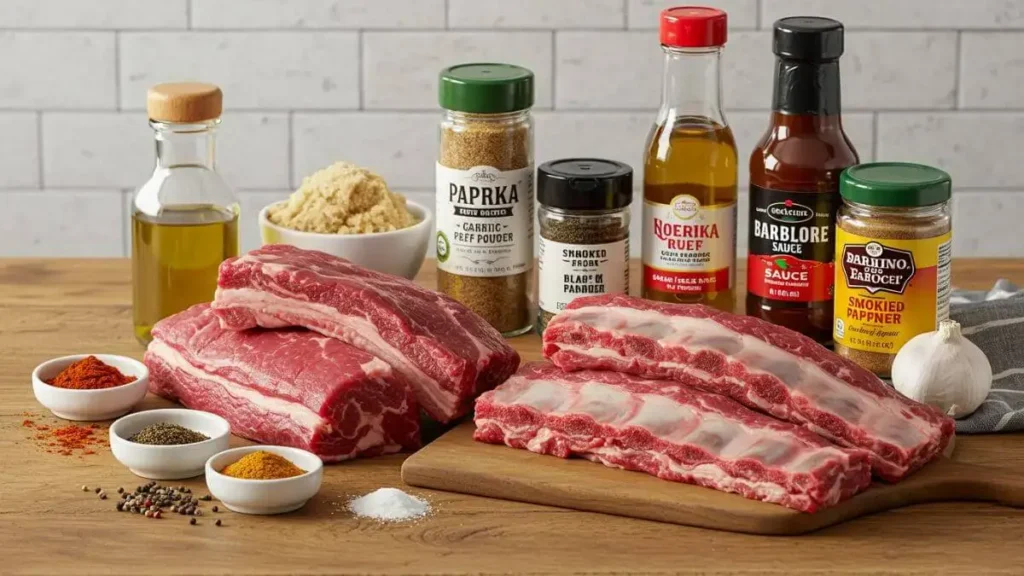 All the essential ingredients for country style beef ribs recipe: beef ribs, olive oil, brown sugar, spices, and barbecue sauce.