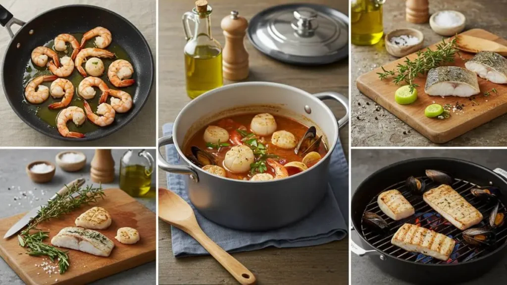 Various cooking methods for seafood mixture recipes: sautéing shrimp and scallops, simmering seafood stew, and grilling fish fillets.