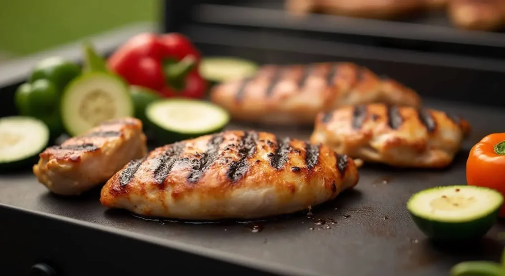 A Blackstone Griddle with chicken breasts and fresh vegetables like zucchini, bell peppers, and onions sizzling, showcasing the benefits of healthy cooking.