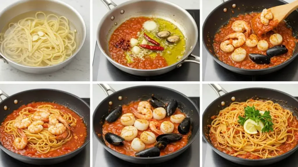 A step-by-step visual guide for making seafood pasta diavolo, featuring boiling pasta, cooking tomato sauce, and adding shrimp, scallops, and mussels.