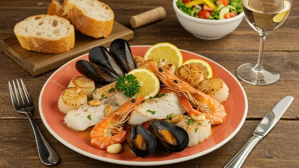 A plate of seafood medley recipes featuring shrimp, scallops, mussels, and fish, garnished with parsley and lemon wedges, served on a rustic table.