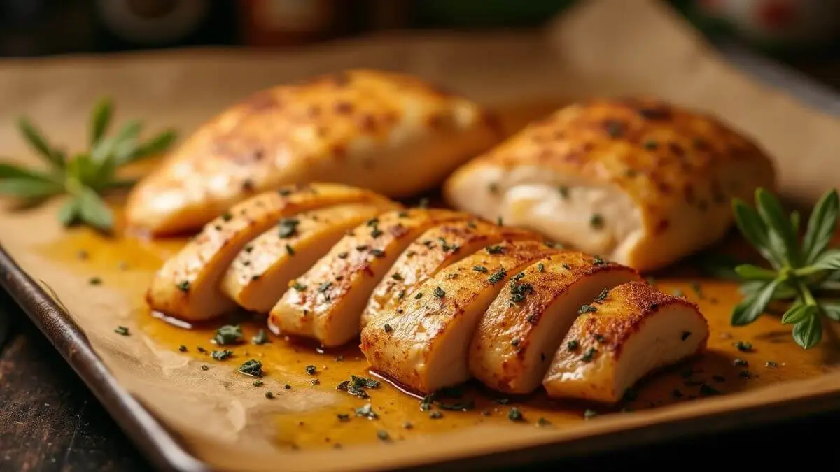 Thin chicken breasts baking in the oven, seasoned with herbs and olive oil on a parchment-lined baking sheet.