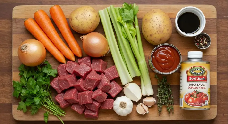 An overhead view of essential ingredients for Hawaiian beef stew recipe, including raw beef chunks, potatoes, carrots, celery, onions, garlic, tomato sauce, beef broth, soy sauce, and fresh herbs, arranged on a wooden surface with a tropical flower accent.