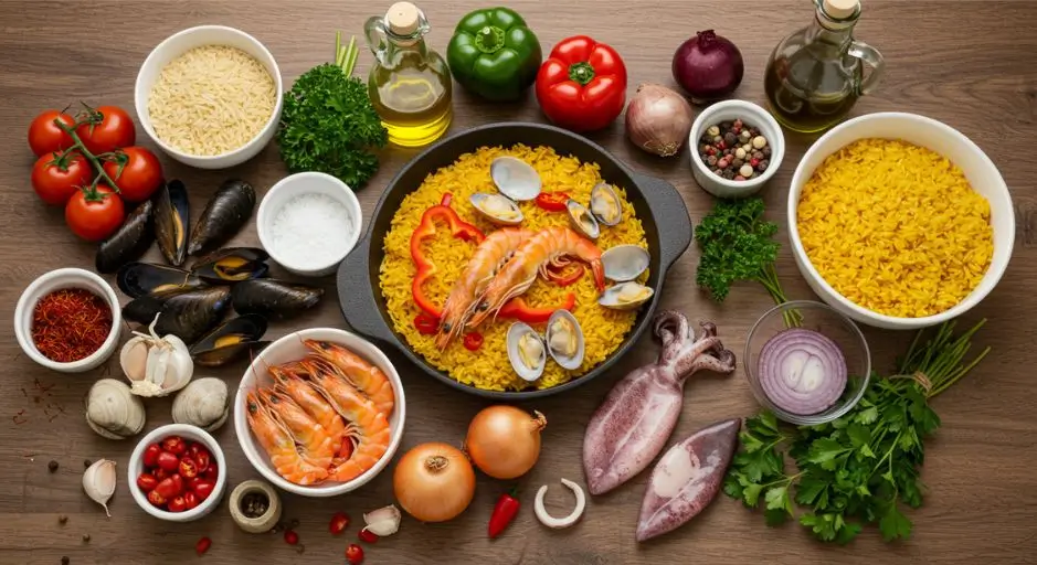 A colorful display of essential ingredients for a perfect seafood mix paella, including shrimp, mussels, clams, squid, saffron, garlic, tomatoes, and fresh herbs.