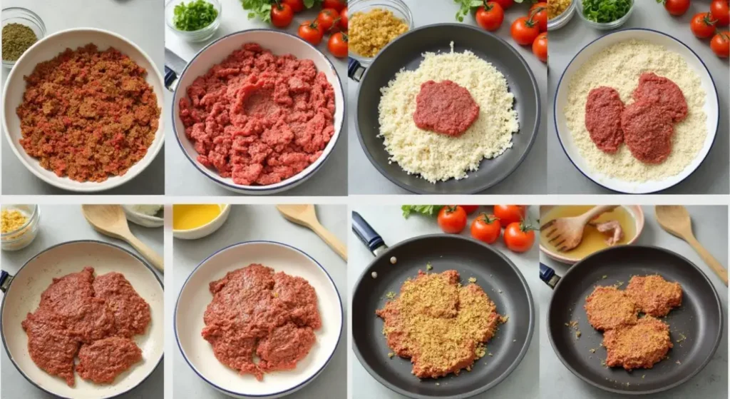 Step-by-step guide showing the process of making beef cutlets: mixing ingredients, shaping cutlets, dipping in flour, egg, and breadcrumbs, and frying.