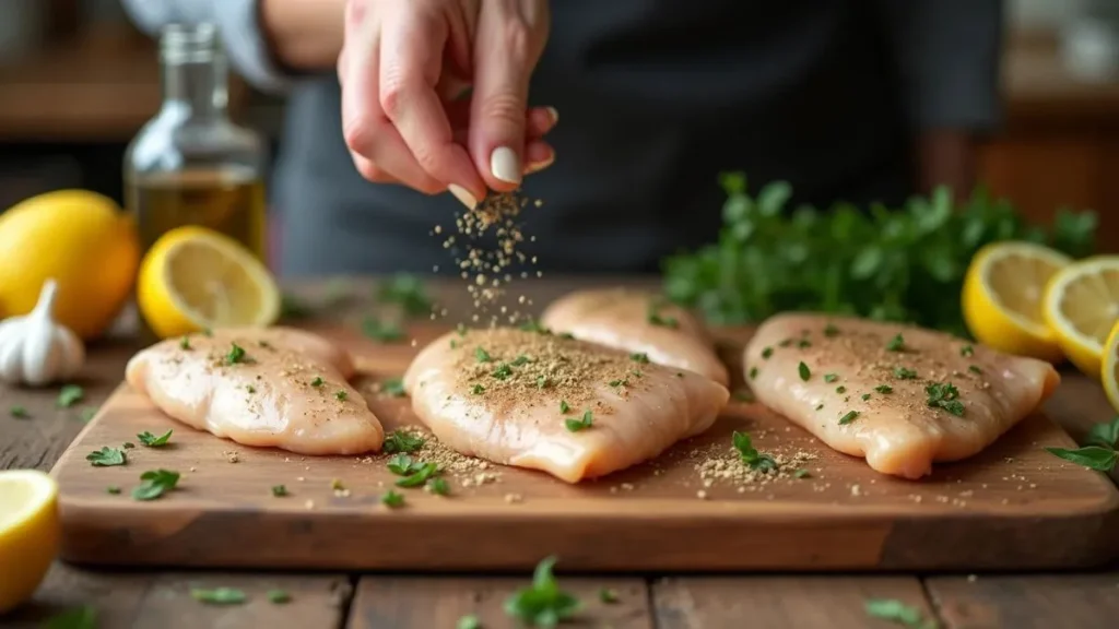 Thin chicken breasts on a cutting board being seasoned with herbs, olive oil, and lemon juice, surrounded by fresh ingredients.